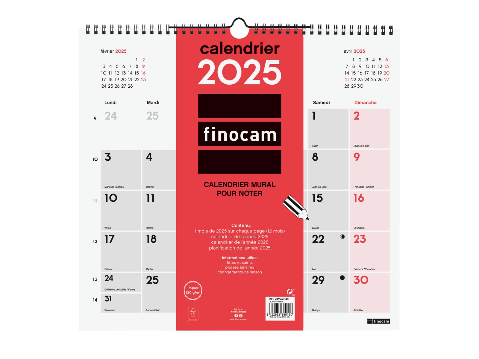 Finocam – Neutral Wall Calendar to Write 2025 1 Month Per Page January 2025 – December 2025 (12 Months) French