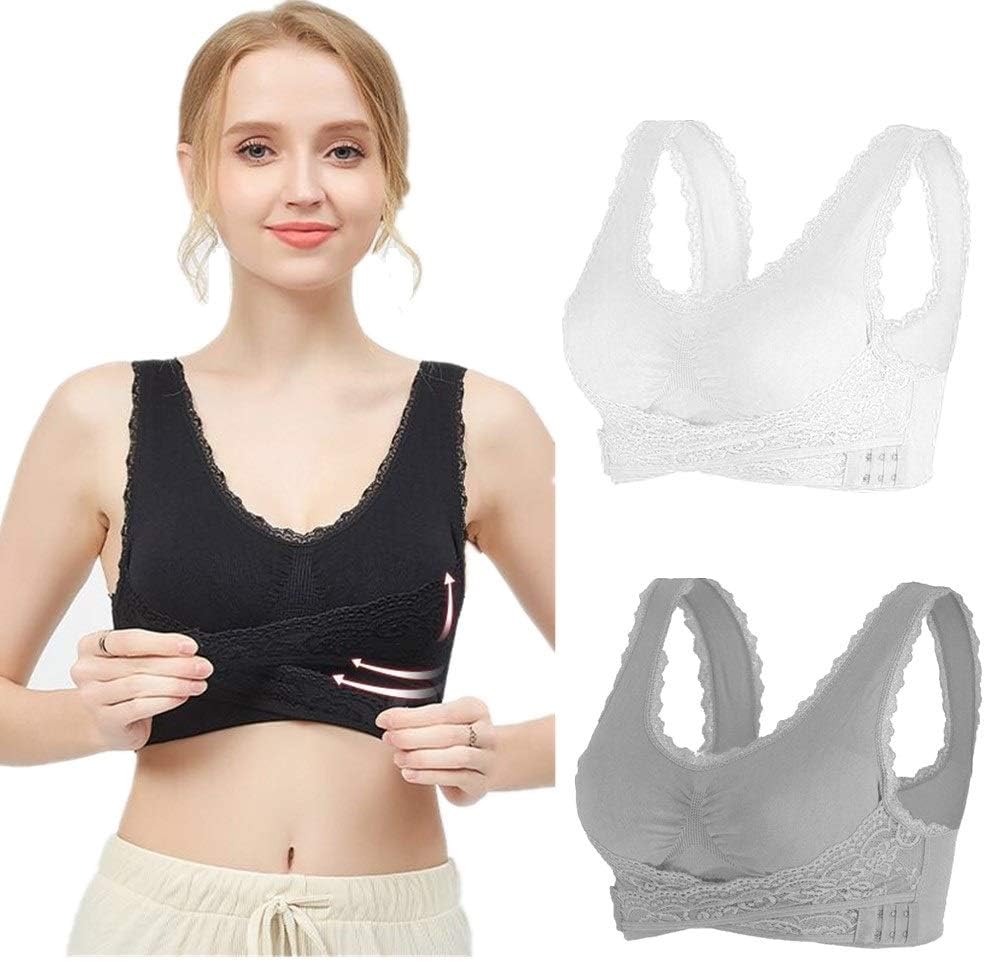 Women's 3 Pack Seamless Sports Lace Front Closure Bra Wireless Bra Removable Pads