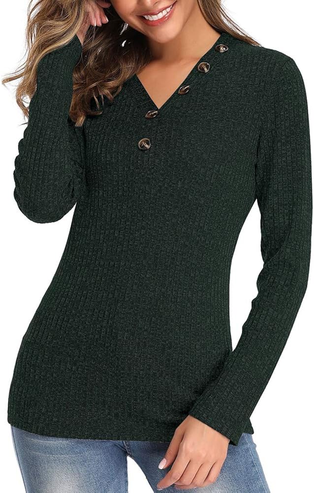 GuoCu Women Casual V Neck Button Down Henley Shirt Autumn Long Sleeve Knit Tunic Blouse Slim Fit