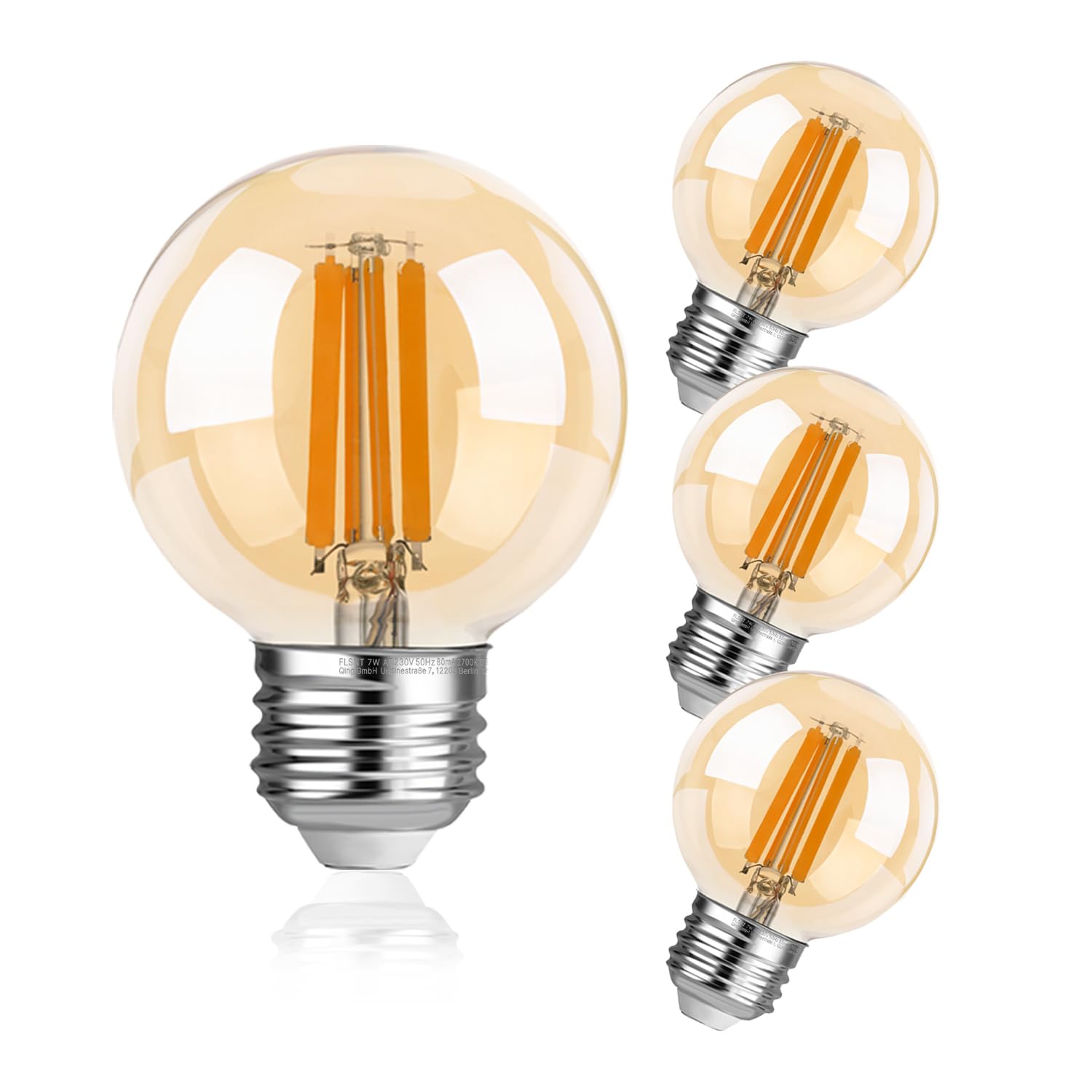 FLSNT Dimmable E27 Screw Bulb, G60 LED Filament Edison Screw in Light Bulb, 7W (60W Equivalent), 806LM E27 Vintage Light Bulbs Warm White 2700K, Amber Glass, Pack of 4
