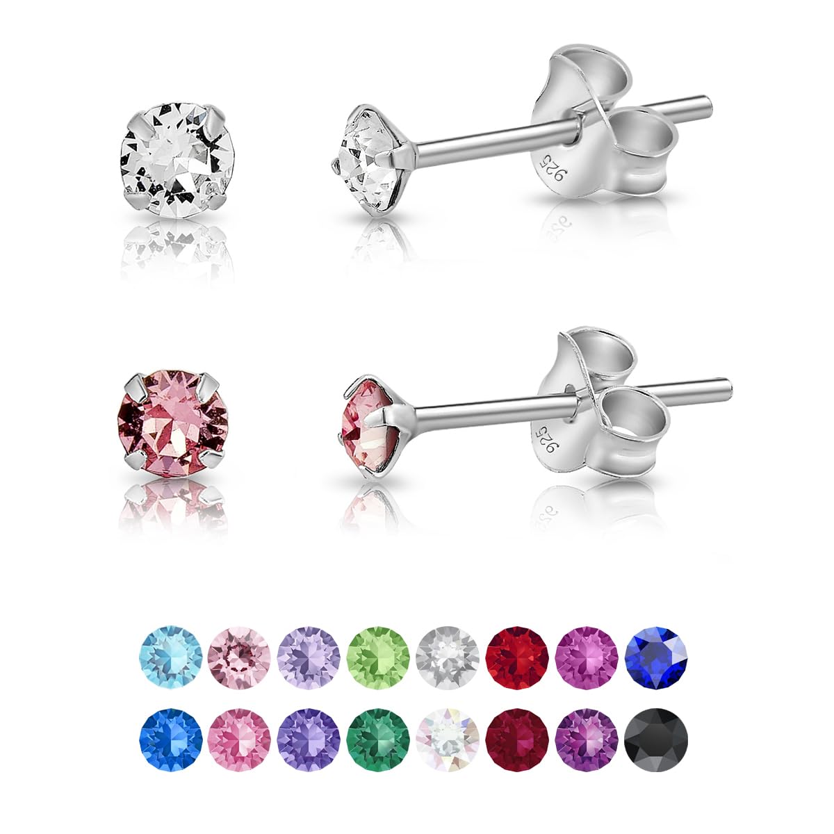DTPSilver - Set of 2 PAIRS of 925 Sterling Silver Round TINY Stud Earrings made with Glittering Crystals from Swarovski® Elements - Diameter: 3 mm - Colour : Light Rose — image 1
