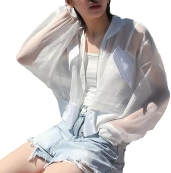 Amazon Elpis レディース ブルゾン シースルー かっこいい 薄手 キュート 少し寒い時 日焼け防止 ホワイト 服 ファッション小物 通販