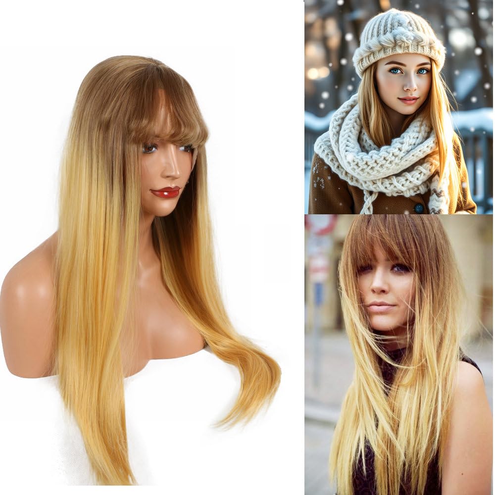 24" Frontal Bangs Synthetic Lace Front Wig Glueless Pre Plucked Long Straight Ombre Blonde Rooted Hair Natural Looking Human Hairlike Breathable Cap for Women