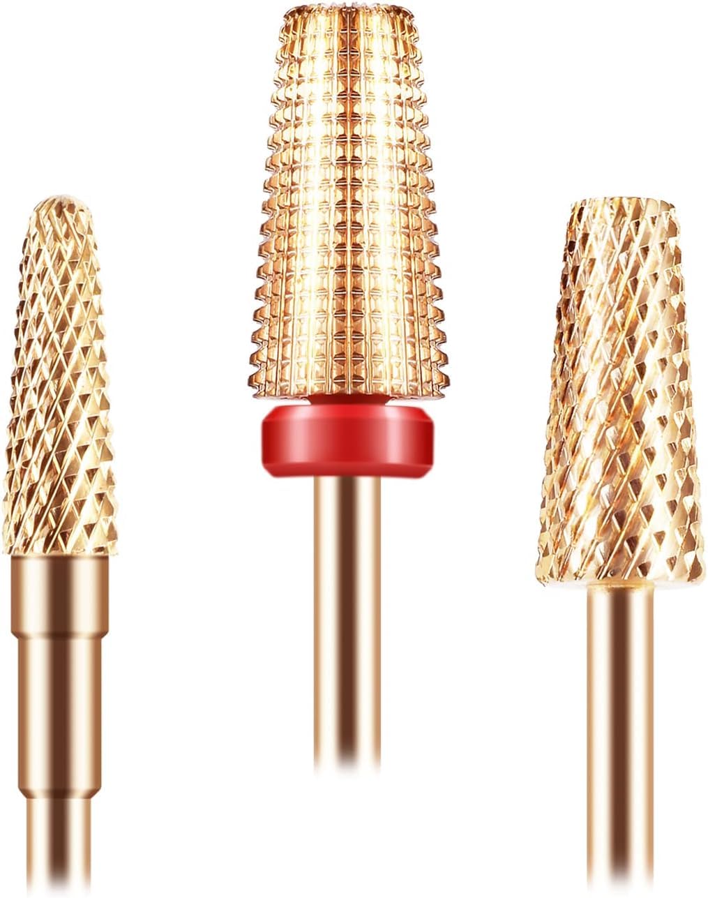 [Upgraded]Depvko 3Pcs Nail Drill Bits Set, 5 in 1 Drill Bits for Nails 3/32 Inches, Tapered Barrel and Cone Shape Carbide Nail Drill Bits for Acrylic or Gel Remover (Rose Gold)