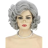 Topcosplay Old Lady Wig and Accessories 5pcs Set Granny Costume Wig Grandma wig Halloween Party Wigs (Grey)