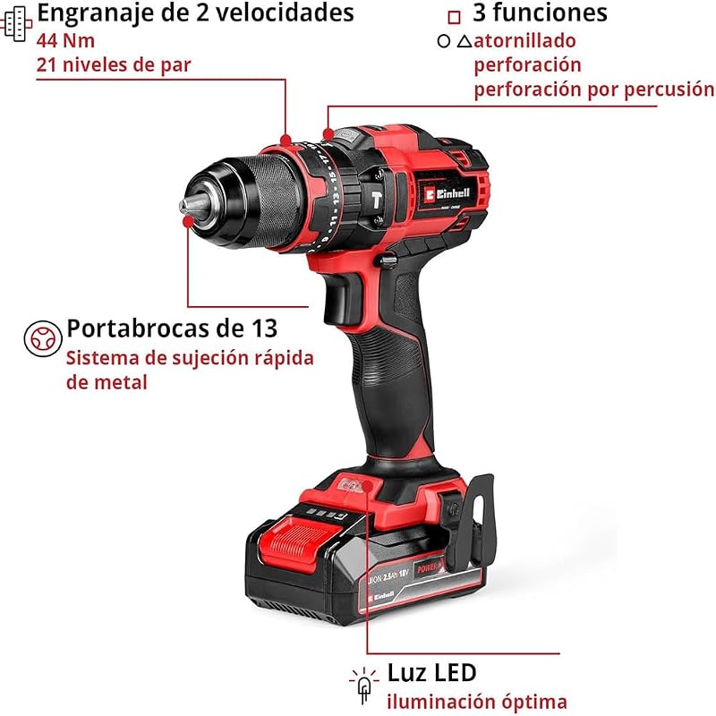 Taladro percutor con batería TE-CD 18/44 Li-i Power X-Change (18V, 44 Nm, función de perforación por percusión, portabrocas metálico de 13 mm, 2 velocidades, incl. batería de 2,5 Ah y batería)
