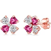 Gem Stone King 18K Rose Gold Plated Silver Lab Grown Diamond and Pink Created Sapphire Stud Earrings for Women | 2.95 Cttw | Gemstone April Birthstone | Heart Shape 4MM