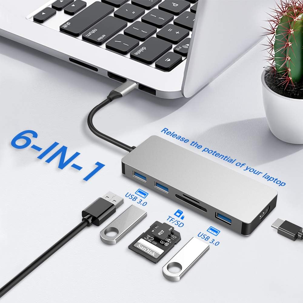 RAYROW USB C Hub, 6-in-1 USB C Adapter for MacBook Pro/Air 2020/2019/2018 with 4K USB-C to HDMI, 3 USB 3.0 Ports and SD/TF Card Reader for Galaxy Note 10 S10 S9 S8, Chromebook, XPS: Computers & Accessories