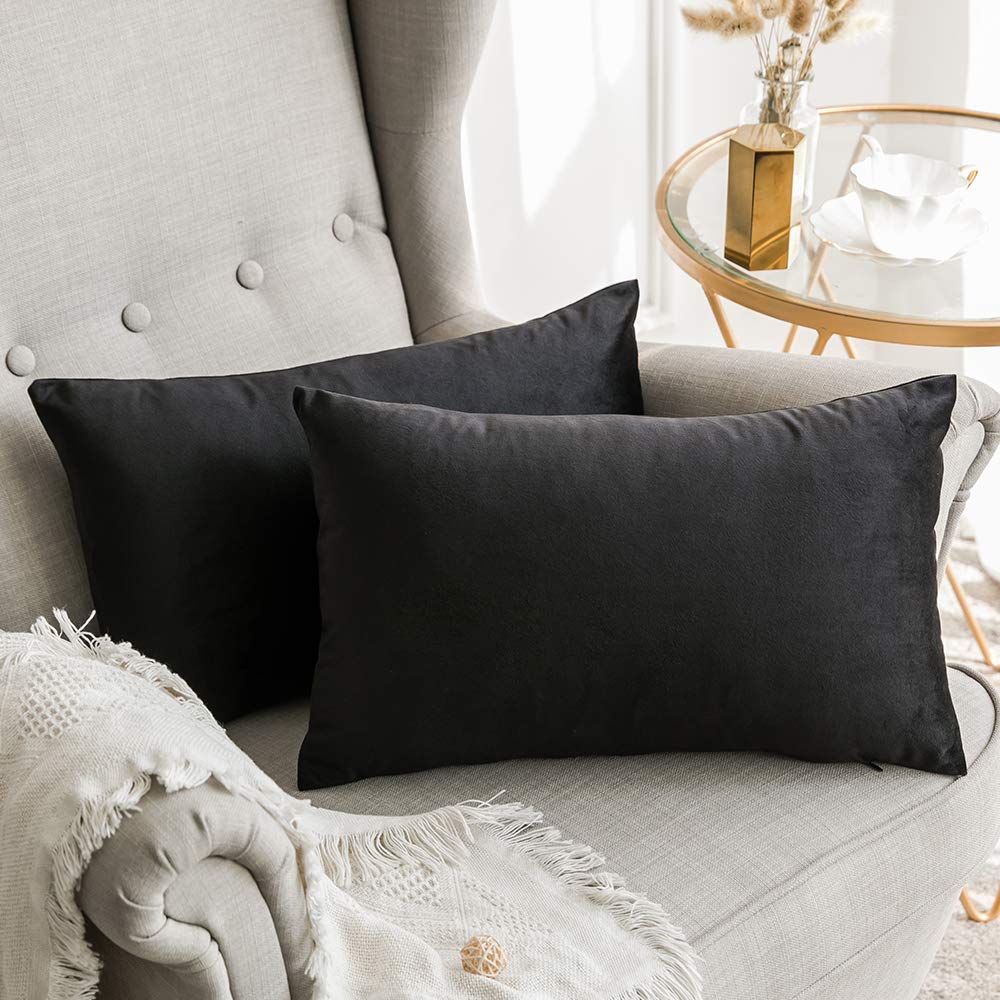 MIULEE Velvet Soft Soild Microfiber Decorative Square Pillow Case Throw Cushion Cover for Sofa Bedroom with Invisible Zipper Black 12"x20",2 Pieces — image 1