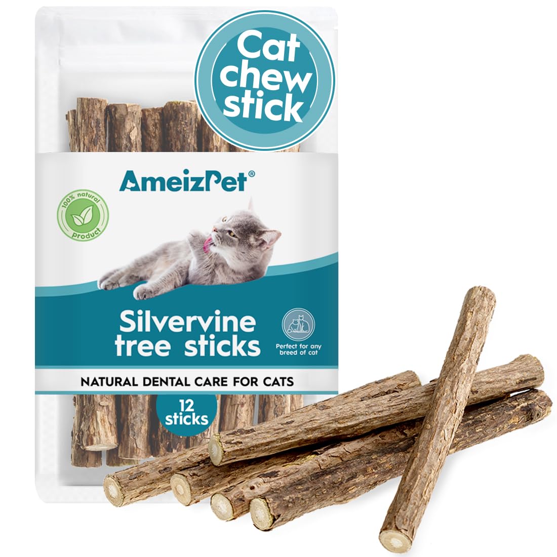AmeizPet Catnip Sticks For Cats, Cat Dental Chew Sticks - Natural Matatabi Cat Dental Care, Silvervine Cats Teeth Cleaning (12 pcs)