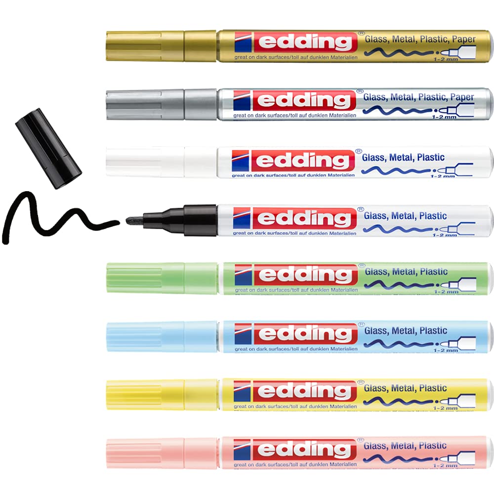 edding 751 gloss paint marker set - multi-coloured metallic, pastel - 8 pens - round nib 1-2 mm - paint pen for glass, pebbles, wood, plastic, paper - waterproof, high coverage