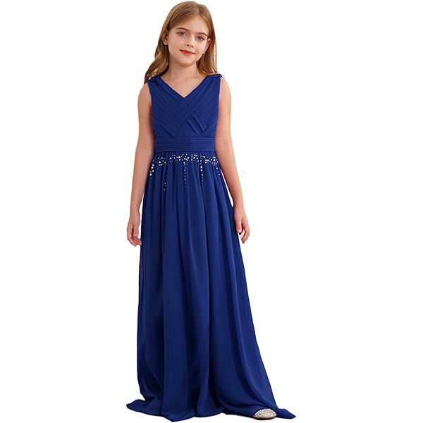 Amazon.com: DINORMIN Kid Girls Chiffon Formal Dress Beaded Junior  Bridesmaid Dress V Neck Party Gown Blue 6 Years: Clothing, Shoes & Jewelry