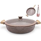 AIKENBBKK Ceramic Frying Pan with Lid, 14 Inch Saute Pan, Non Stick Frying Pans, 2-In-1 Large Cooking Pan, Nonstick Skillet, Compatible with All Stoves, PTFE & PFOA Free, Brown