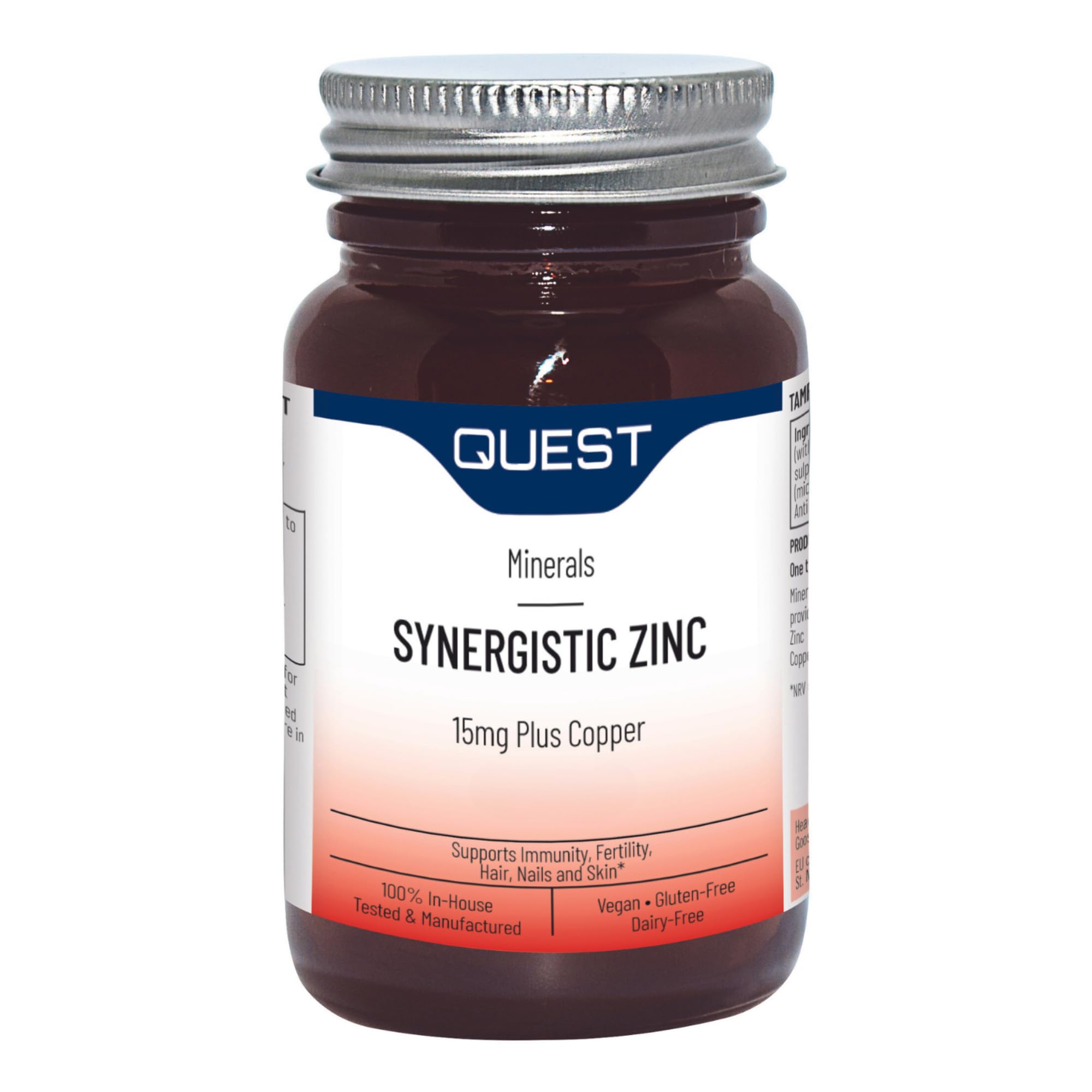 Quest - 30x 15mg Synergistic Zinc with Copper for Immune System Support & Hair, Skin & Nails Booster. Daily Vegan & Gluten Free Zinc Supplements Capsules for Immunity & Antioxidant (Pack of 1)