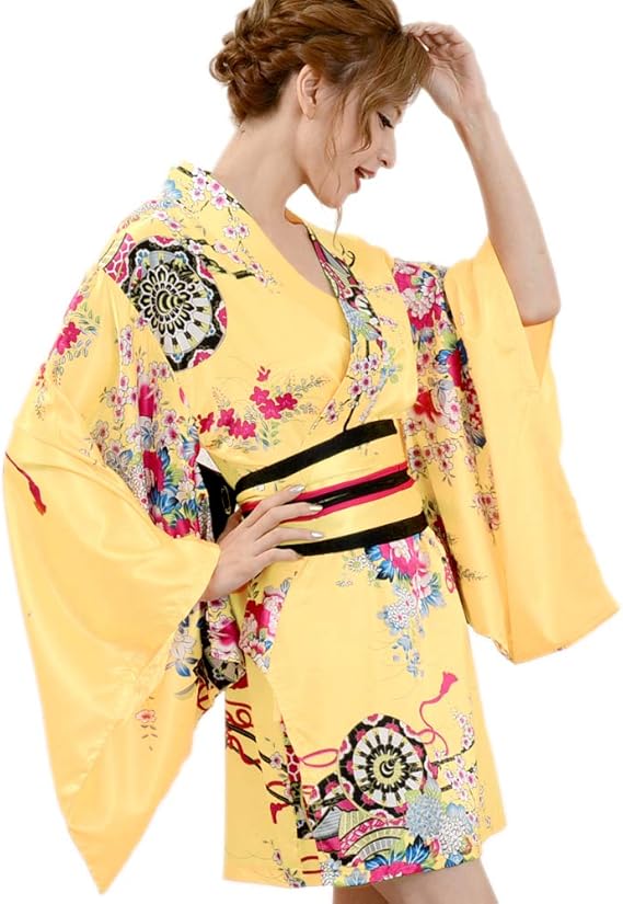 Amazon 着物ドレス キャバドレス コスチューム サテン和柄豪華花魁ミニ着物ドレス0326 イエロー パーティードレス 通販