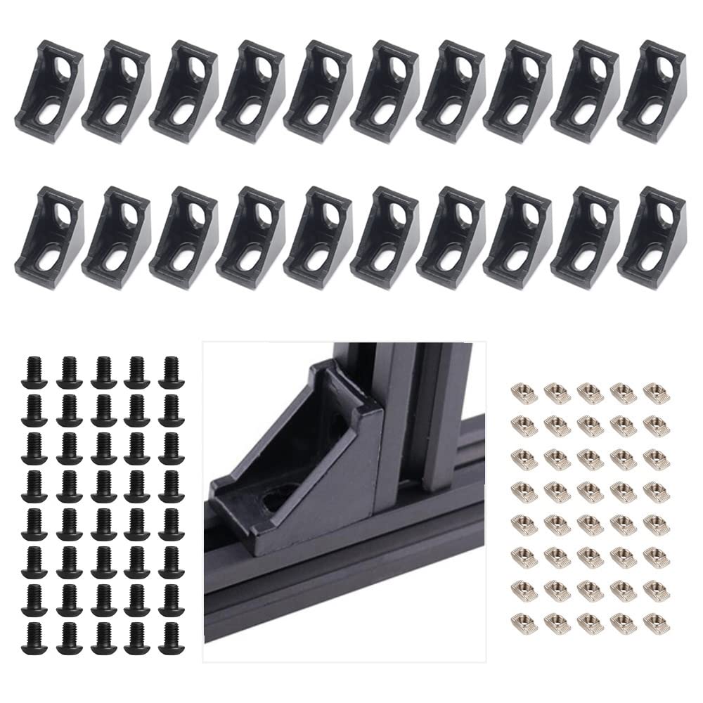 Yeebyee Right Angle Corner Bracket Gusset 2 Hole with M5 Screws and T-Nuts,28mm x 28mm for 6mm Slot 2020 Series Aluminum Extrusion Profile, 20pcs/Pack (Black-20Series) โ image 1