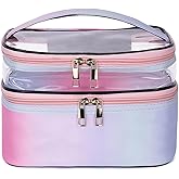 FITINI Makeup Bags Double Layer Travel Storage Cosmetic Cases Make-up Organizer Toiletry Bags Water-resistant Vegan Leather for Women Makeup Brush Bag,Gradient Purple