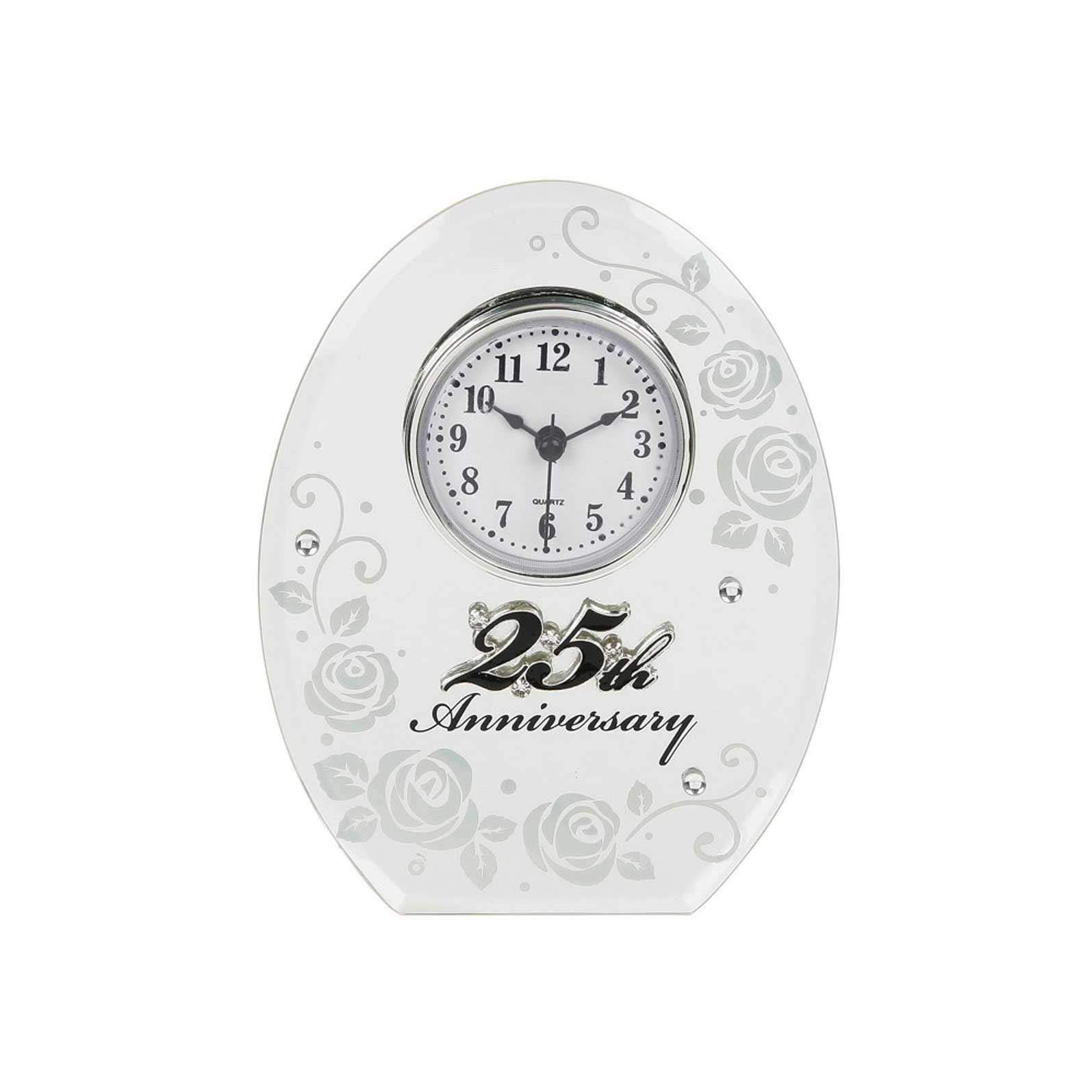 Shudehill Giftware 25th Silver Wedding Anniversary Mirrored Clock Gifts, 17cm x 13cm