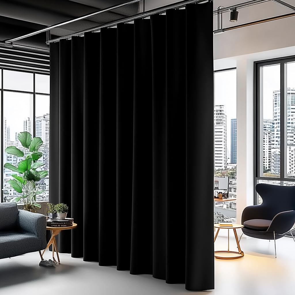 PANOVOUS Privacy Room Divider Curtain - Thermal Insulated Divider Curtains with Hooks, Extra Long Bedroom Divider Drapes for Separation 90W x 108L Inches, Black (1 Panel)