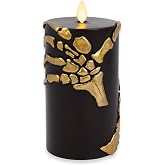 Luminara Skeleton Hands Flameless LED Candle, Black &amp; Gold 3" x 6.5", Moving Flame Pillar, Battery Operated Timer Real Wax Halloween Gothic Home Decor