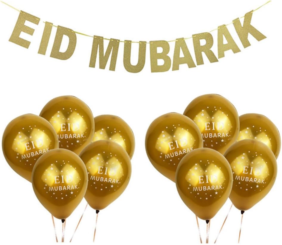 Samber 11PCS Balloons with Hanging Banners Golden Letters EID MUBARAK, Gold Glitter Banner Muslim Ramadan Kareem EID Festival Bunting Garland Decoration/A