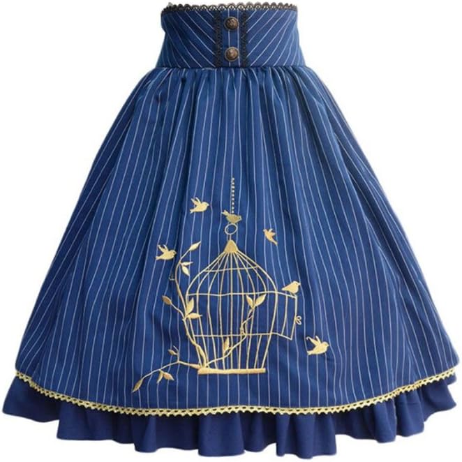 Women's Lolita Vintage Striped Lace Embroidered Birdcage Print Skirt Dress