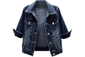 Locachy Womens 3/4 Sleeve Short Denim Jacket Lapel Button Down Cropped Trucker Jean Jackets Coats