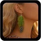 Andelaisi Boho Exaggerate Feather Dangle Earrings Vintage Tribe Long Feather Earrings Green Tassel Feather Drop Earrings Ethnic Natural Feather Hook Earrings Jewelry for Women