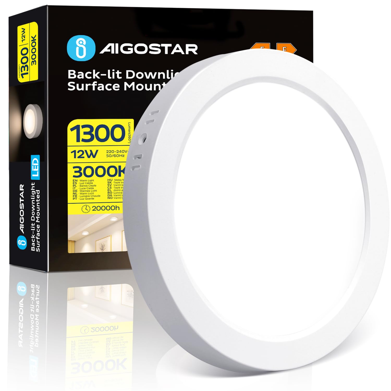 Aigostar 12W LED Ceiling Light Warm White 3000K, 1300LM Small Flush Mount Ceiling Lamp for Bedroom Hallway Porch Kitchen, Equivalent 88W Incandescent, Round, Low Profile, Thin