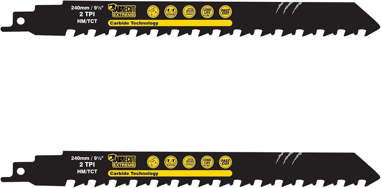 2 x SabreCut SCRS1543HM_2 Tungsten Carbide 240mm 2 TPI S1543HM Small Bricks Poroton Fibre Cement Concrete Straight Cutting Reciprocating Sabre Saw