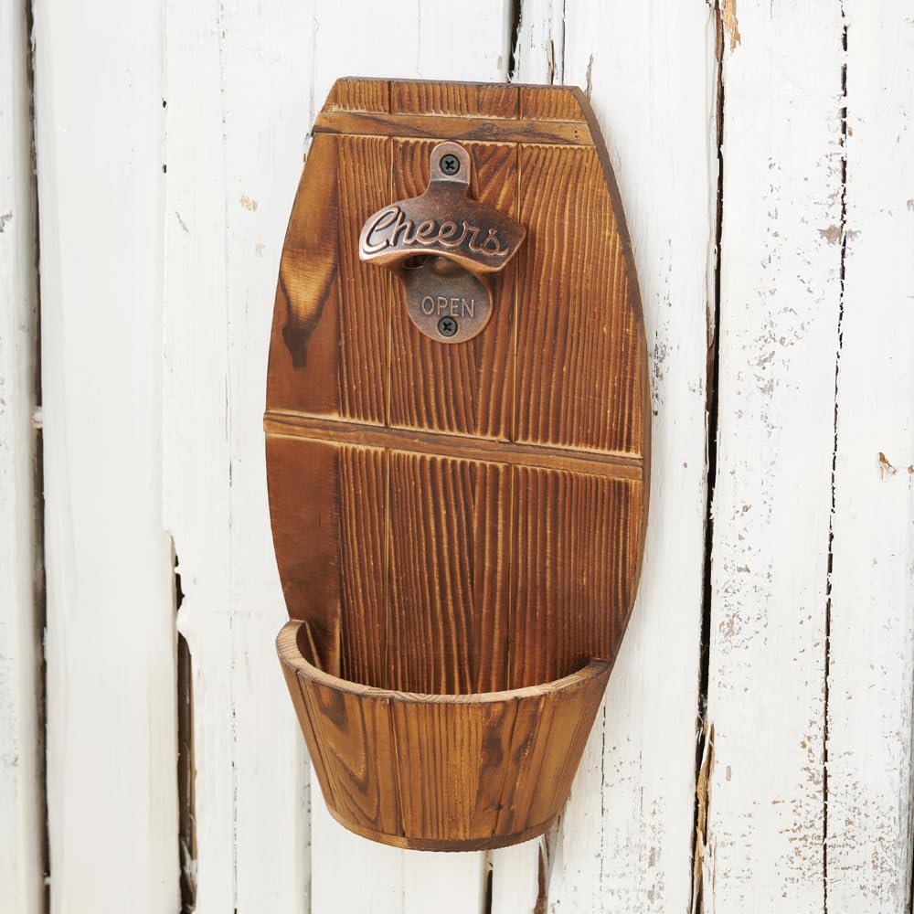 Wooden Wall Mounted Beer Barrel keg Bottle Opener, Vintage Bottle Opener with Cap Collector Catcher, Gift for Men and Beer Lovers, Use as Bar Decoration.