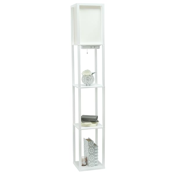 SIMPLE DESIGNS LF1037-WHT-CCLB 62.5″ THREE SHELF ETAGERE ORGANIZER STORAGE FLOOR LAMP WITH 2 DUAL USB PORTS AND CHARGING OUTLET, WHITE, WITH COLOR CHANGING LED BULB INCLUDED