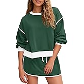 Fisoew Womens Sweatsuits 2 Piece Set Crewneck Sweatshirts High Waisted Skort Skirts Tennis Running Tracksuits Shorts Sets