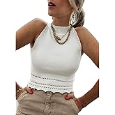 EVALESS Womens Tank Tops Summer Ribbed Knit Racerback High Neck Halter Crop Tops Blouses Sleeveless Slim Basic Cami Shirts