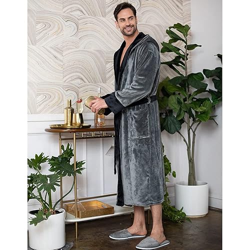 Lotus Linen Men's Plush Fleece Hooded Bathrobe with Pockets Soft