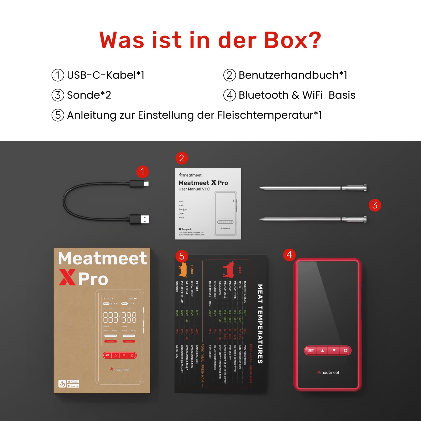 Meatmeet Fleischthermometer kabellos mit Bluetooth & WLAN, 2 Sonden 6 Sensoren, Einteiliges Edelstahldesign, IP69 Wasserdicht, 582°C Hitzebeständigkeit, Grill Ofen Küche Heißluftfritteuse (X Pro) 9