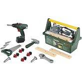 Klein Theo 8520 Bosch Tool Box I with Hammer, Saw, Adjustable Wrench and Much More I Incl. Battery-Powered Cordless Screwdriver with Light and Sound I Toy for Children Aged 3 Years and up