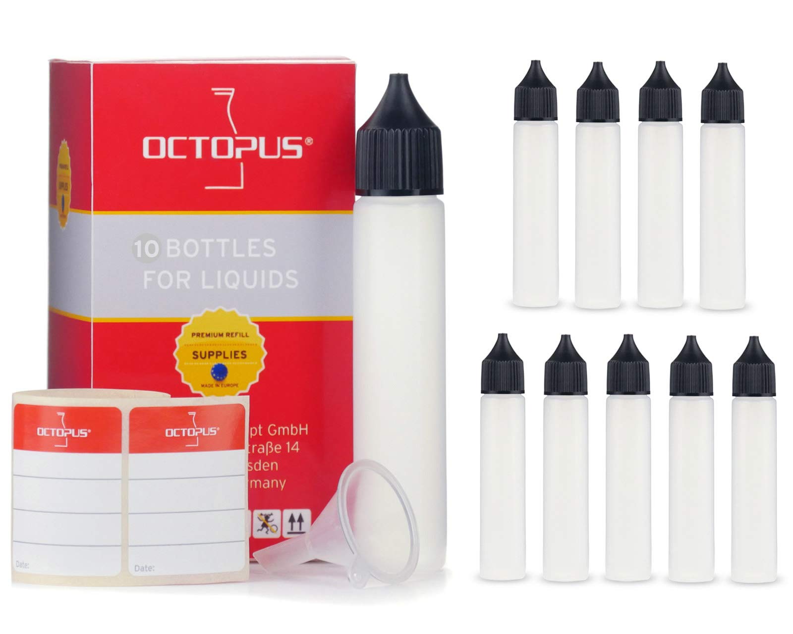 Octopus 10 x 30 ml E-liquid bottles, soft LDPE dosage bottles for e-liquids, e-cigarettes, unicorn bottles for liquids, plastic bottles with top, empty painting bottles, pen bottles incl. labels
