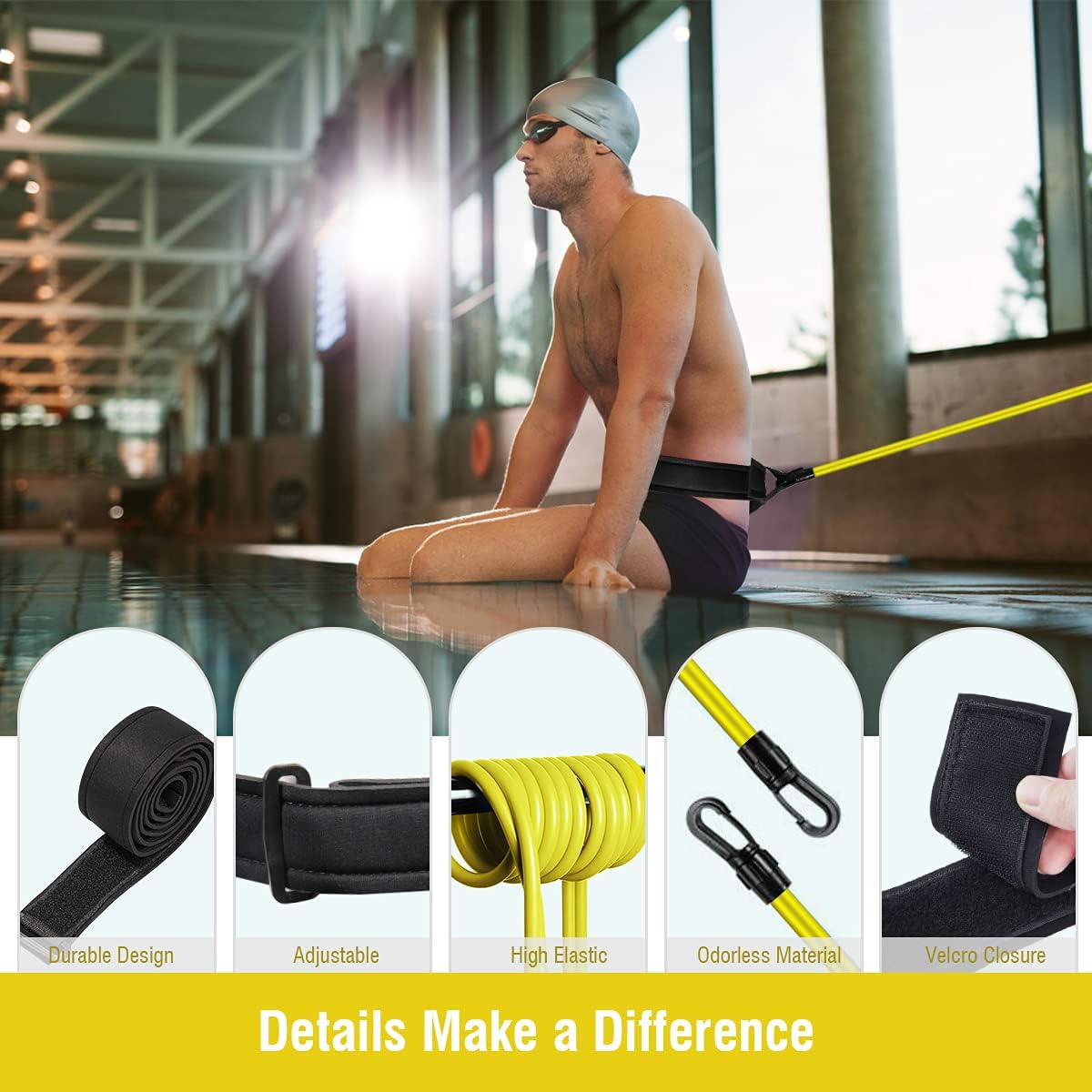 Swim Training Belts, Swim Training Leash, Swim Tether Stationary Swimming, Swim Harness Static Swimming Belt, Swim Bungee Cords Resistance Bands (Yellow, 3) : Sports & Outdoors