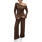 Tankaneo Womens Off the Shoulder 2 Piece Outfits Sweater Sets Bell Sleeve Tops Pants Casual Trendy Matching Lounge Sets