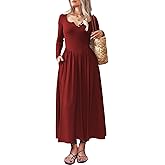 Mieazom Long Sleeves Maxi Dress for Women A Line 2025 V Neck Casual Button Boho Tshirt Long Dress with Pockets