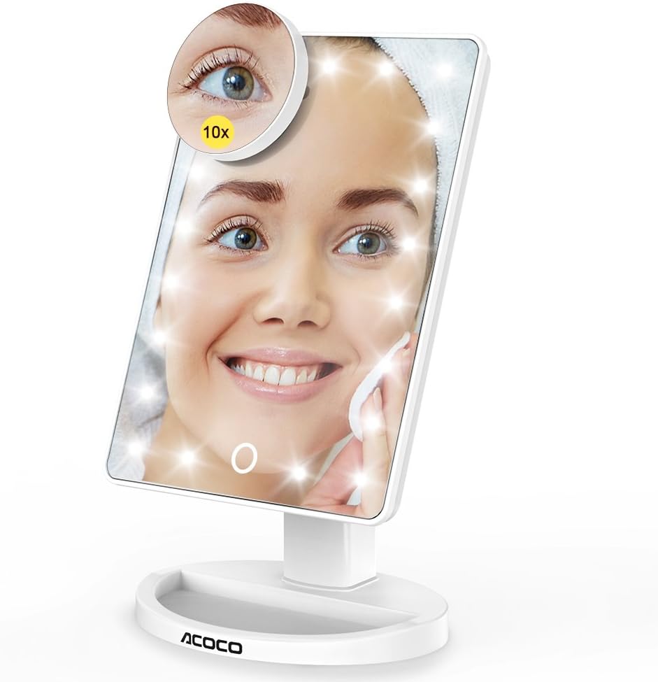 Lighted Makeup Mirror, ACOCO 21 LED Lights Vanity Mirror, High Definition Light Up Illuminated Mirror for Cosmetic, 180°Adjustable Stand, Detachable 10X Magnification Mirror, Touch Screen (White)