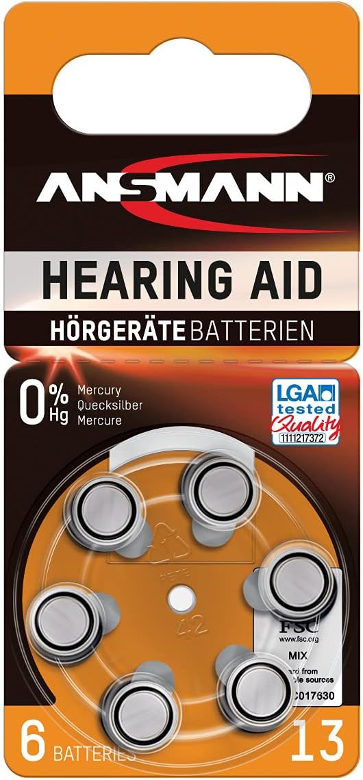 Ansmann ZA13 Size 13 Orange Hearing Aid Batteries Pack of 6 1.45V Mercury Free