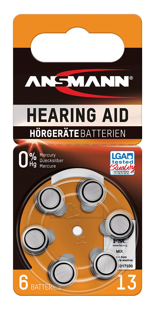 Ansmann Hearing Aid Batteries [Pack of 6 Cells] Size 13 Orange Zinc Air Hearing-Aid Suitable for Hearing Aids, Sound Amplifier - 1.45V Mercury Free