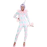 Pastel Women's Diamond Clown Costume - Stretch Jumpsuit with Chiffon Cuffs & Striped Hat, Tinsel Pom