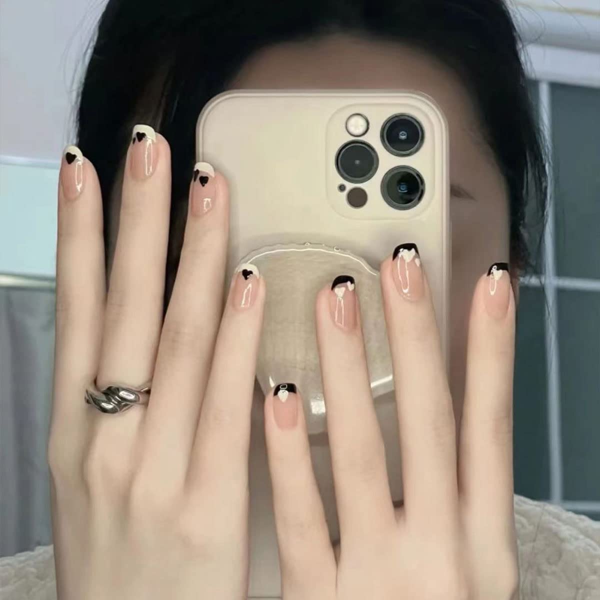 Carufin 24Pcs Sea Blue Halo Dye False Nail Sticker Short White Gradual Change Square False Nails Press on Nails for Women Girls (C)