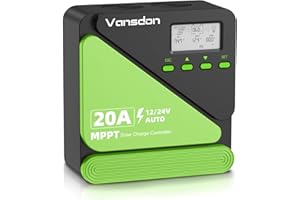 Vansdon 20A MPPT Solar Charge Controller 12V/24V Solar Controller, Adjustable LCD with Timer, Dual USB Ports, for RV, Boat, Cabin, Off-Grid Systems, Compatible with FLD/LiFePO4/SLD/GEL/AGM