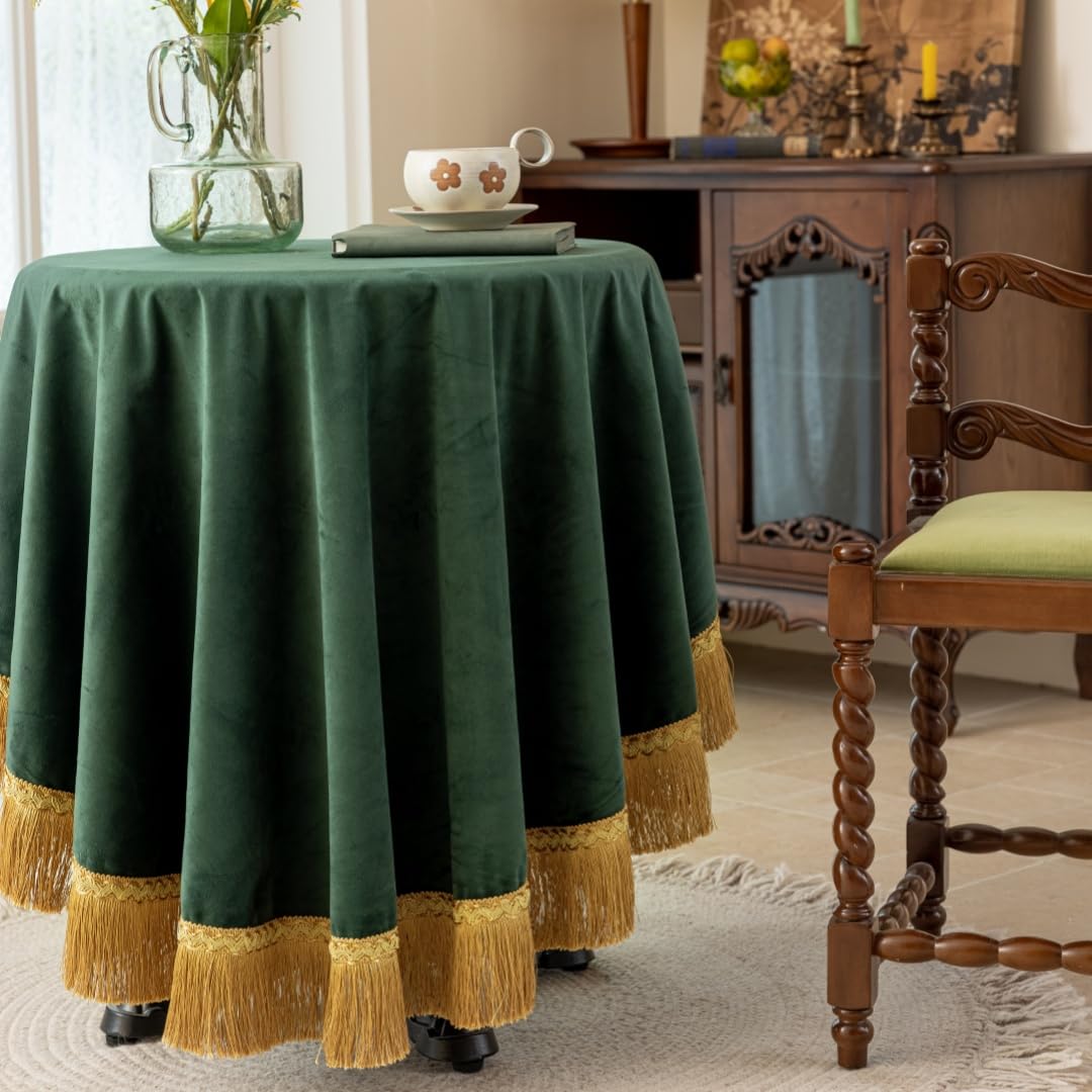 Photo 1 of F-CHU Luxury Green Tablecloth Thickset Velvet Tablecloth with Beautiful Gold Tassels Vintage Table Cloth for Home Decor Wedding, Party, Banquet and Events 60" Round