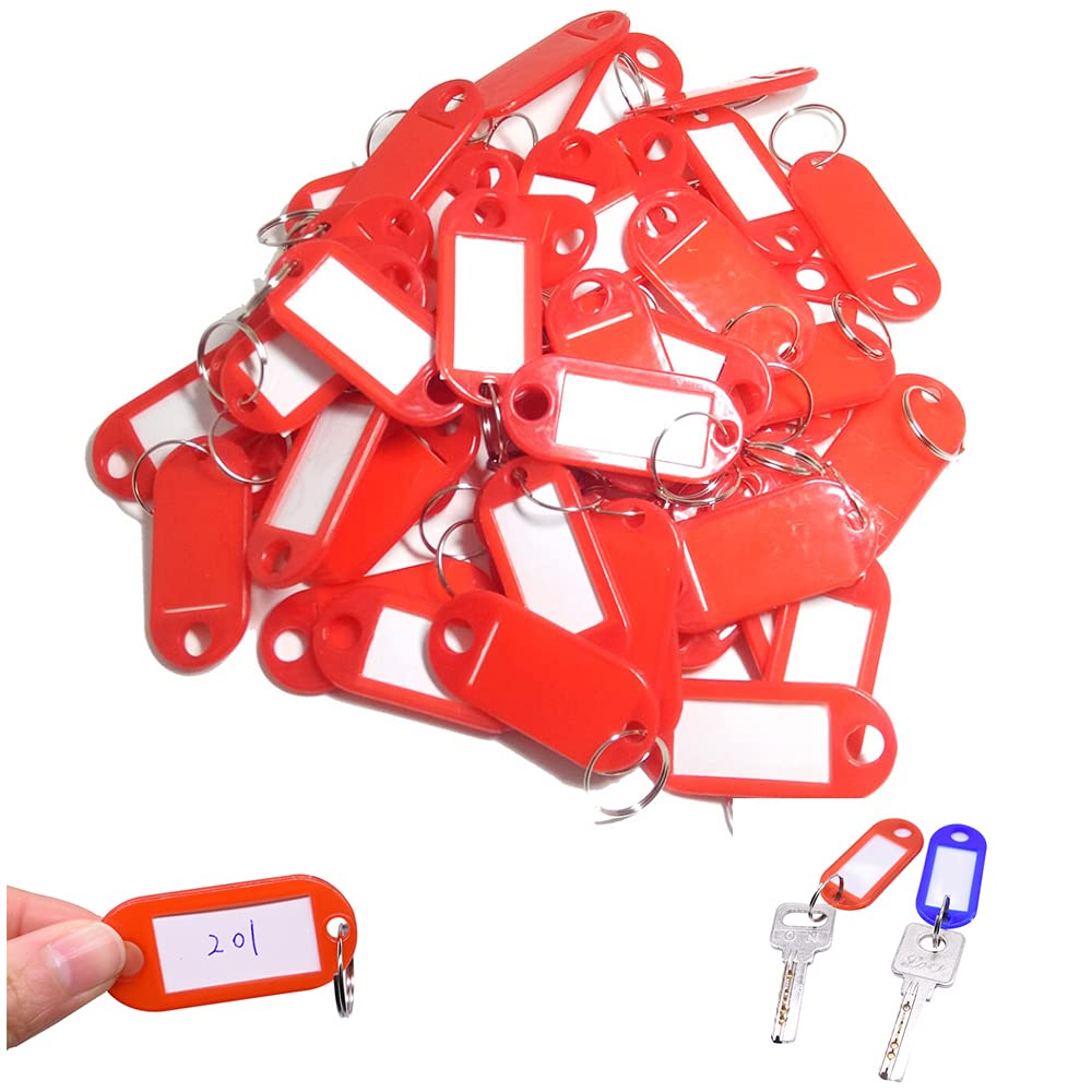 Key Tags Plastic Key Tags Key ID Tags Key Labels Tags with Split Rings for Baggage Key Chains Key Rings(Red,50pcs)