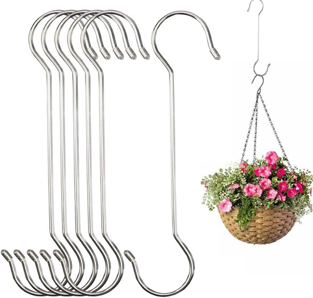 Outdoor Hanging Brackets - LRUUIDDE 6 Pack Extra Large S Hooks for Hanging Plants, 16 Inch / 12 Inch Long Metal Heavy Duty S Hooks Silvery, Rust Resistant Extra Large Tree Branch Hook for Hanging Bird Feeders